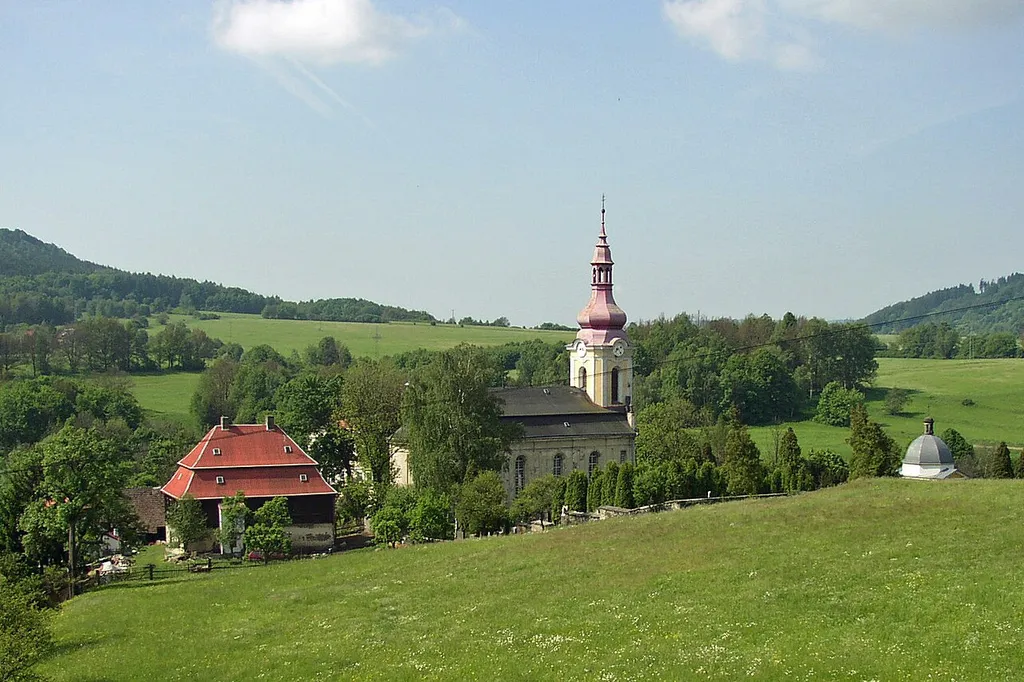 Kostel ve Volfarticích, fotografováno ze cyklostezky Varhany