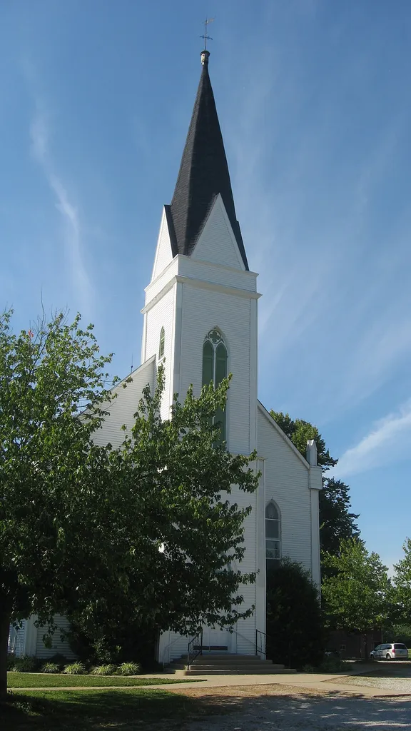 Front of St. John's Lutheran Church, located at 7291 State Road 62 southwest of Dillsboro in Caesar Creek Township, Dearborn County, Indiana, United States. Built in 1867, the church and several related buildings are listed together as a historic district on the National Register of Historic Places.