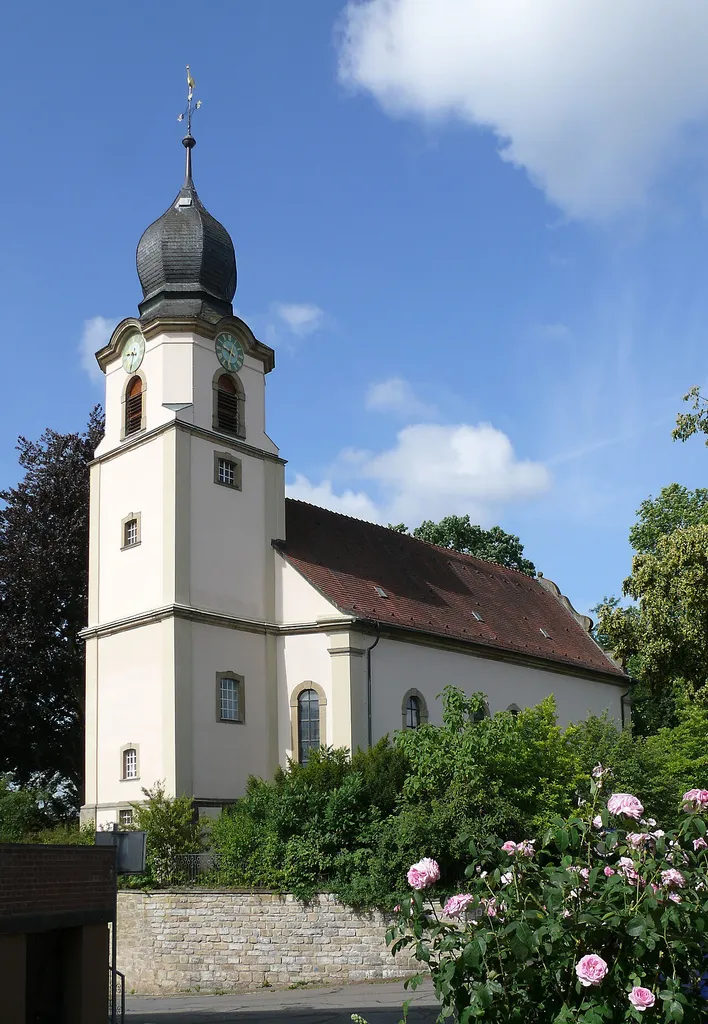 View of the protestant church in Bonfeld (a district of Bad Rappenau, Germany), seen from northeast in summer.