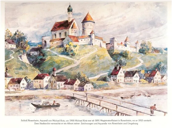 Aquarell des Schlosses Rosenheim in Schlossberg bei Rosenheim