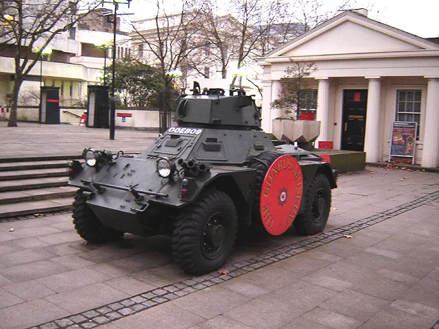 Armoured car at entrance to the Guards Museum, Birdcage Walk, Westminster, London. 14 January 2006. Photographer: Fin Fahey.