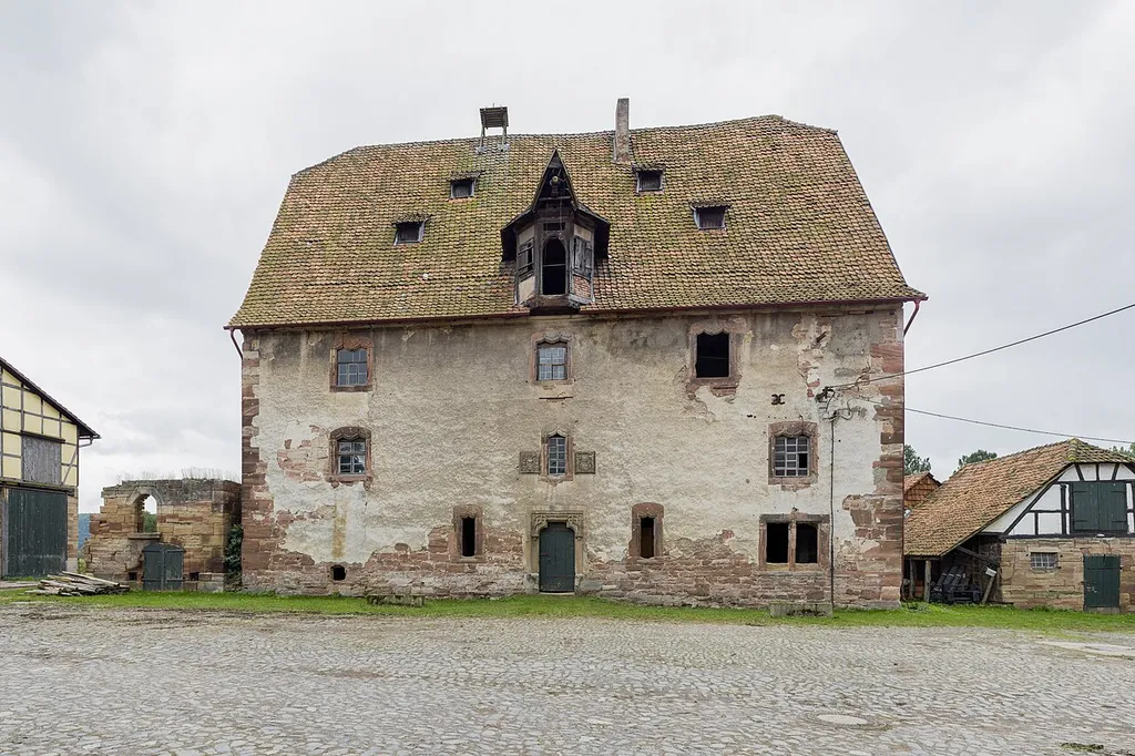 Front view of stone house built of the stones of former Schwebda castle.