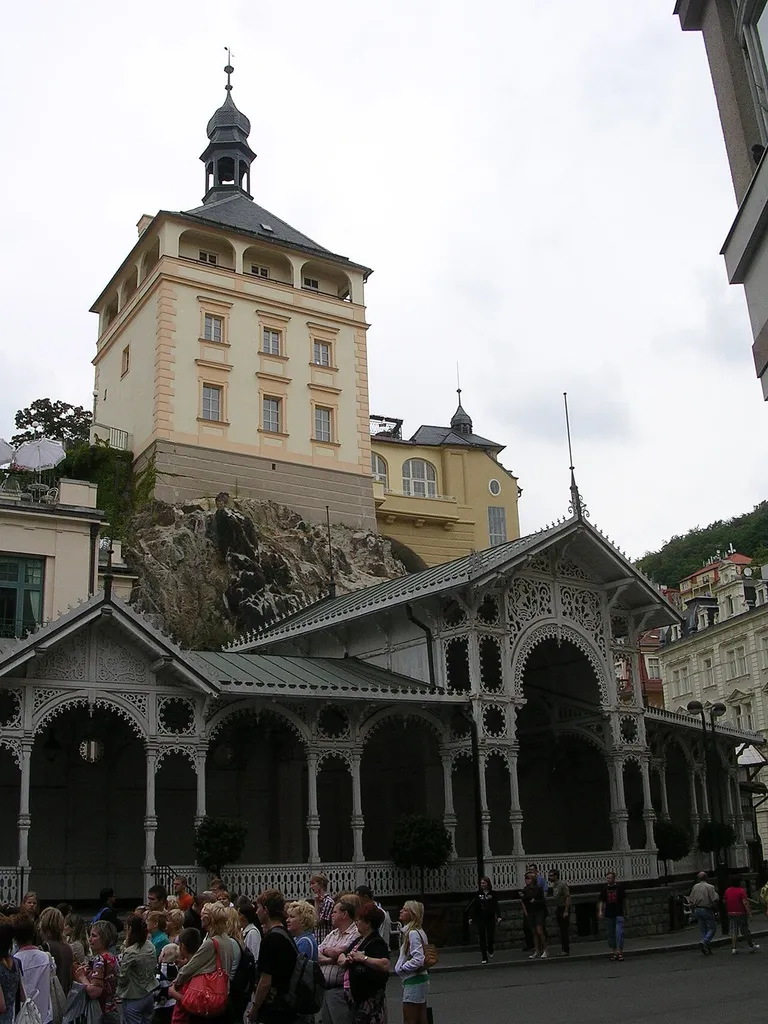 Karlovy Vary, the Czech Republic. Tržní Colonnade and Zámecká Tower.