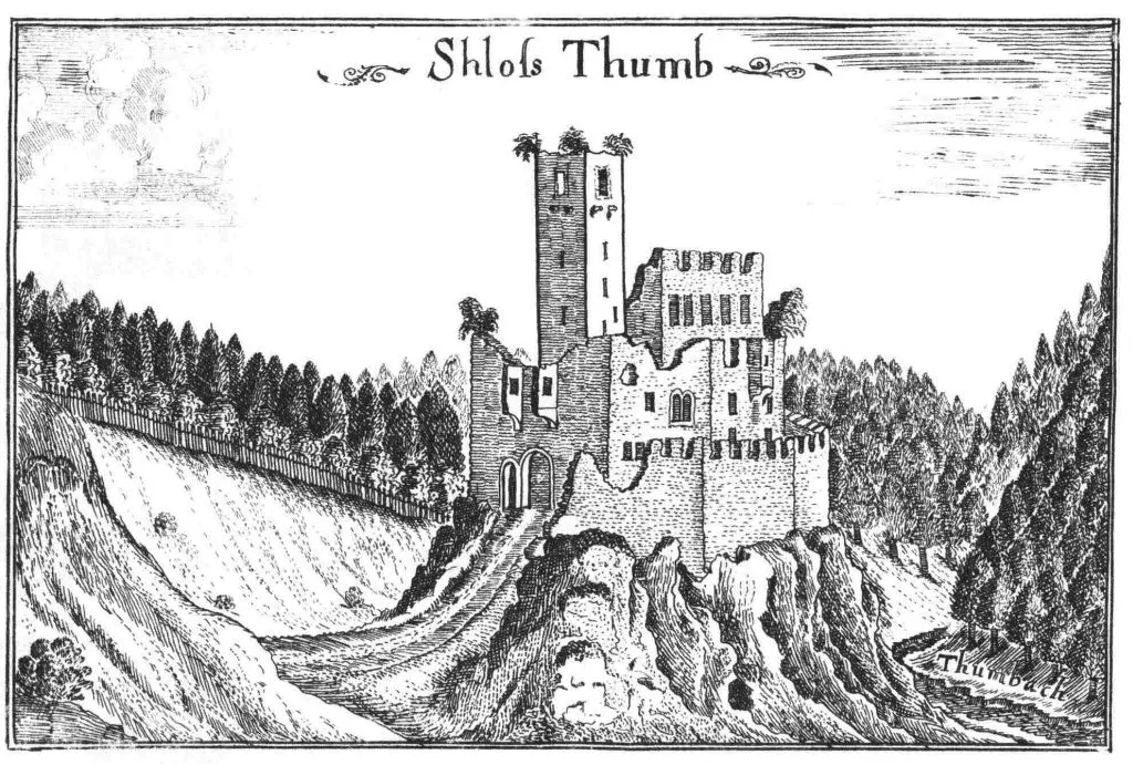 Burgruine Liebenstein nach einem Stich von Georg Matthäus Vischer von 1674