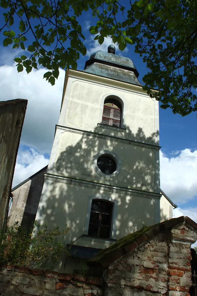 Church tower in the town of Kozmice, Central Bohemian Region, CZ