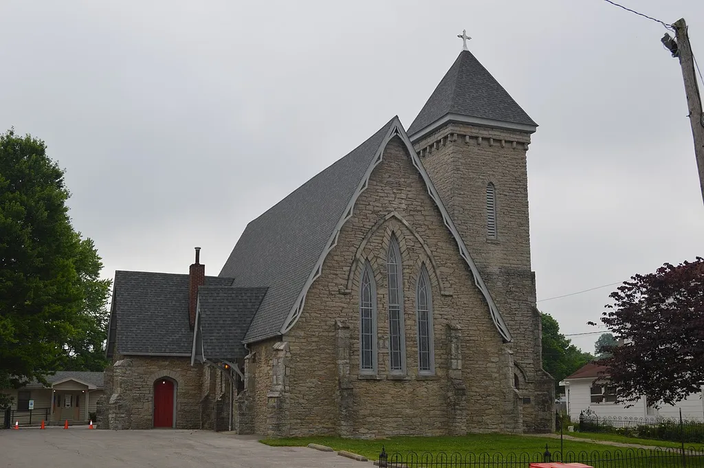 Front of the Episcopal Church of the Advent, located at 122 N. Walnut Street (U.S. Route 62) in Cynthiana, Kentucky, United States. Built in 1855, it is listed on the National Register of Historic Places.