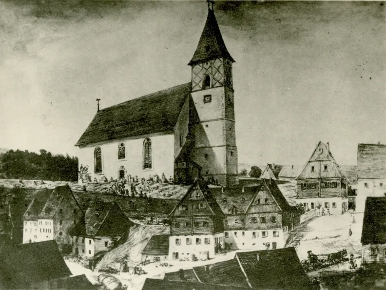 Most Holly Trinity Church in Aš, Czech Republic in 17th century. Autor of Watercolour: Traugott Alberti (1824 - 1914), pastor.