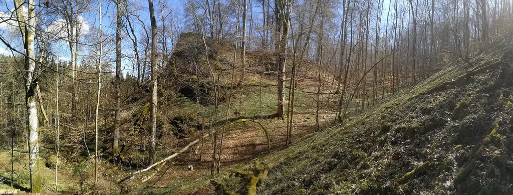 Die zweiteilige Burganlage teilte sich in eine auf einem abfallenden felsigen Bergsporn gelegene Kernburg, und in eine am Talrand gelegene weitere Befestigung oder befestigten Wirtschaftshof. Die Kernburg am Ende des Spornes wird durch einen Halsgraben (Bildmitte) vom restlichen Grat (rechts im Bild) abgeschnitten, und teilt sich in eine 14 mal 15 Meter große Vorburg und eine durch einen weiteren Graben abgetrennten 14 mal 13 Meter großen Kernburgbereich. Im Kernbereich befand sich wohl nur ein turmartiges Gebäude, möglicherweise ein Festes Haus.