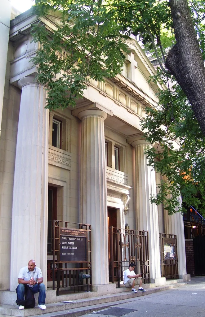 The Armenian Evangelical Church at 152 East 34th Street between Third and Lexington Avenues in the Murray Hill neighborhood of Manhattan, New York City is located in a former bank building. The Nineteenth Ward Bank was built in 1907 and was designed by William Emerson. The church was established in 1896 and shared a church with the Adams-Parkhurst Presbyterian Church. The church purchased the bank building in 1921. (Source: From Abyssinian to Zion (2004))