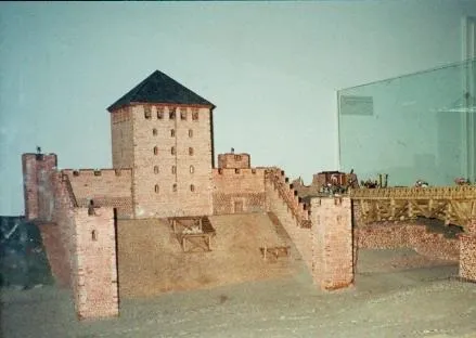Model in the Kurpfälzisches Museum at Heidelberg, Germany, of the Valentinian burgus at Ladenburg on the Neckar River, Germany, as it would have appeared 370 A.D. The bridge shown at right is speculative, and according to most recent research results, did not exist.