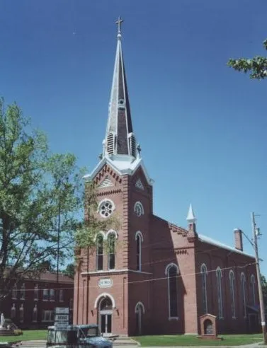St. Mary's Catholic Church in Davenport, Iowa, which is listed on the National Register of Historic Places. Scan of an original photo.