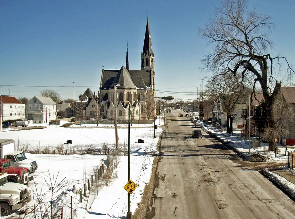 The Roman Catholic St. Martin's Church, built from 1894 to 1895. Churches face east, away from Englewood and towards Jerusalem Chicago
