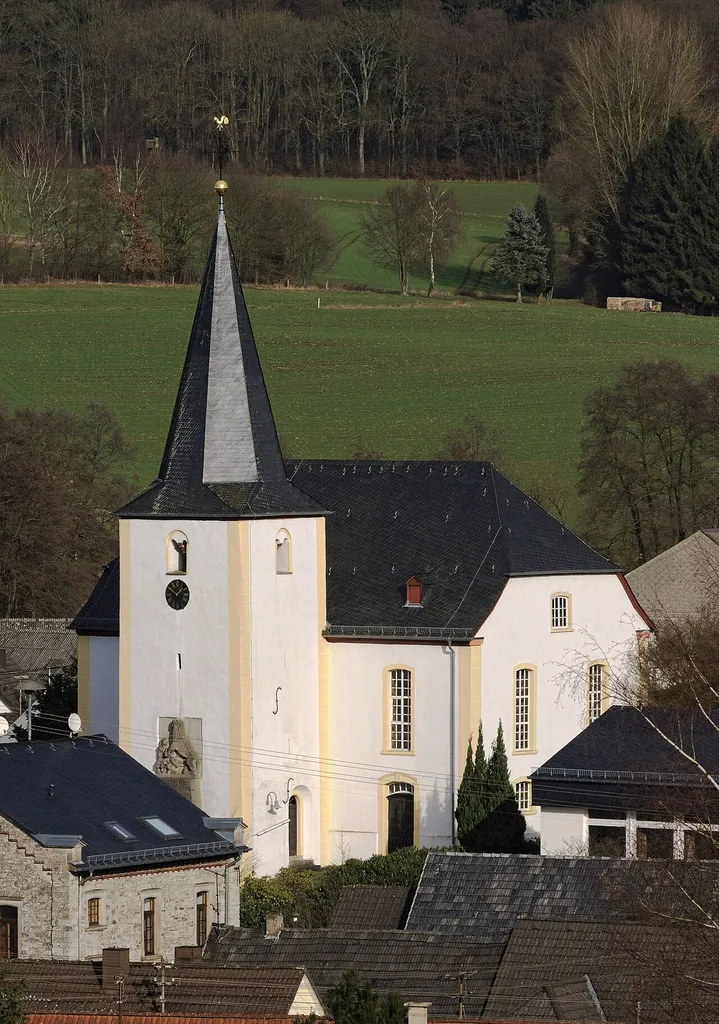 View from south-west to the Protestant church in Maxsain, Westerwald, Germany