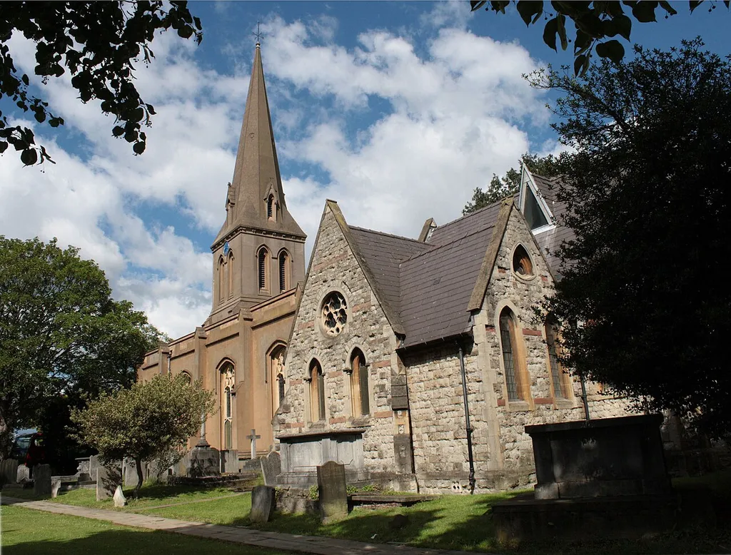 St Leonard's parish church, Tooting Bec Gardens, Streatham, London SW16, seen from the southeast. This church date from the 14th century and others from the Victorian era. It was extensively damaged by fire in 1975, when the interior was completely rebuilt to the design of Douglas Feast.
