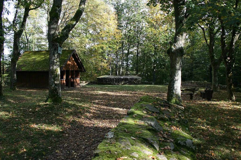 Burgruine Schnellerts im Odenwaldkreis. Blick vom Torgebäude auf den Hauptturm, links moderne Schutzhütte.