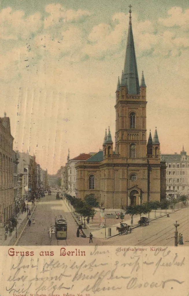 Protestant Jerusalem's Church in Berlin-Kreuzberg. This church building was located in the crossroads of today's Axel-Springer-Straße, Rudi-Dutschke-Straße / Lindenstraße / Oranienstraße. On the postcard the view is directed northwards into Jerusalemer Straße, now blocked by the head quarters of Axel Springer AG covering the southern end of Jerusalemer Straße and the street behind the church on the northern side of the crossroads then named An der Jerusalemer Kirche. In 1943 the church was sold to Romania and served between 1944 and 1945 Berlin's Romanian Orthodox congregation, after an interior refurbish. The church was then consecrated as Church of the Archangels Michael and Gabriel, however it has been destroyed in World War II on 3 February 1945 in an US air raid and its ruin was demolished in March 1961. New Jerusalem's Church was finished in 1968 more southwestwards in the crossroads of Lindenstraße and Markgrafenstraße.