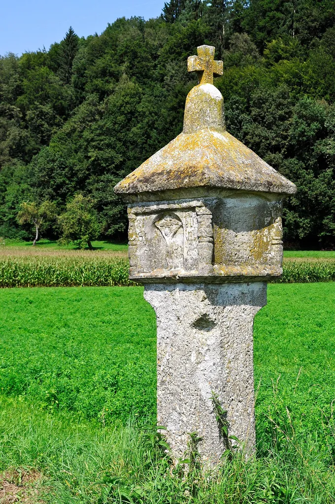 Burgfried pillar or prelate`s cross of the year 1546, marking the former Burgfried Neudenstein`s boundary point in the open fields north of Rakollach, municipality Voelkermarkt, district Voelkermarkt, Carinthia / Austria / EU