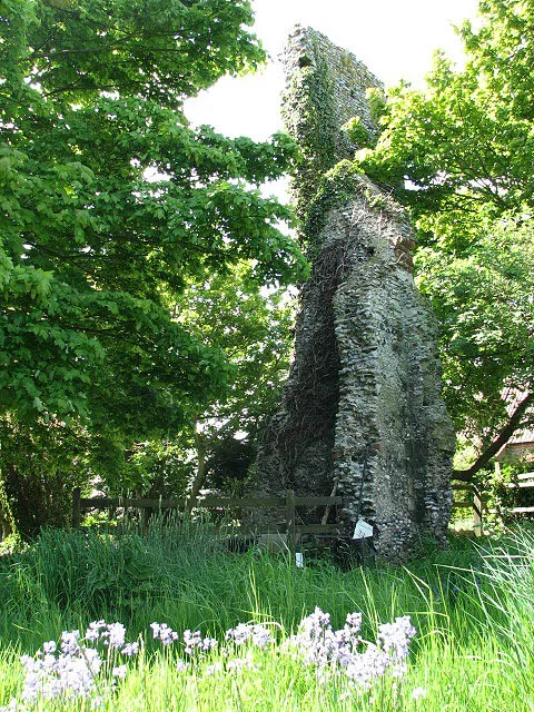 The ruined tower of (old) St Edmund's church. Only part of the tower remains; the ruin stands in what is now a private garden, a short distance to the north of the new St Edward's church > 807836 - 807839 - 807852