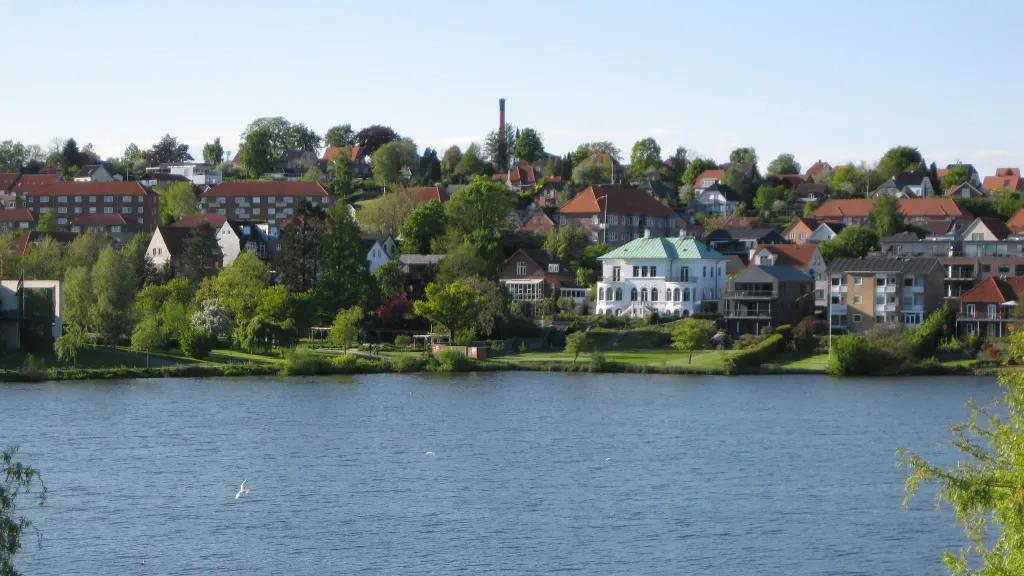 The castle lake "Kolding Slotsø" in the city of "Kolding". The city is located in South-Central Jutland, Denmark.