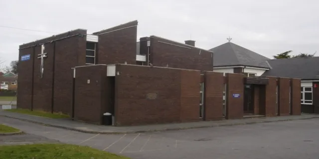 The original building of St Andrew's parish church, Furnace Parade, Furnace Green, Crawley, West Sussex, England, shortly before demolition in 2009. Built in the 1960s, then demolished and replaced by a new church building.