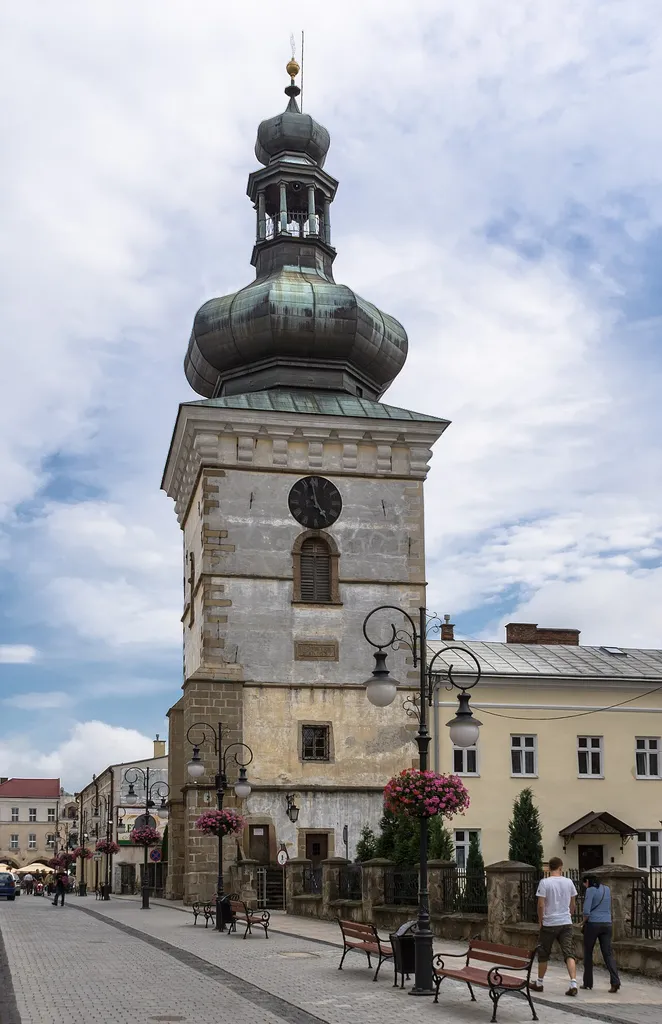 A bell tower of Holy Trinity church in Krosno, Poland.