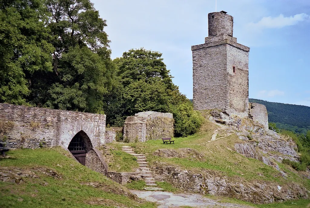 The Falkenstein castle near Königstein (Taunus), Germany. The picture shows tower and gate as seen from the inside of the castle.