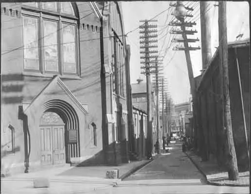 Wesley Union AME Zion Church, corner of Tanner's Alley and South Street, Harrisburg, PA, circa 1910. Shortly after this photograph was taken the African-American Tanner's Alley community was razed to make room for the expanding Capitol complex in Harrisburg.