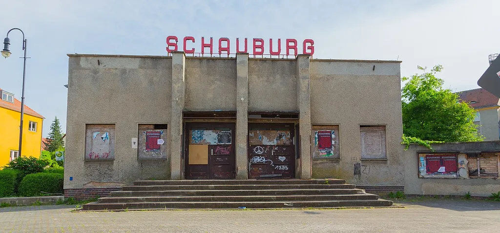 The former cinema Schauburg, 51 Schiller Street (Schillerstraße 51) in Jüterbog, Landkreis Teltow-Fläming, Brandenburg, Germany.