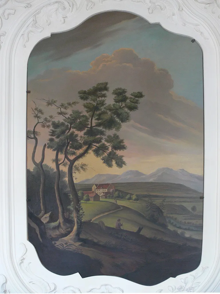 Gemälde der Schlösser der Grafen von Montfort im Flur des Neuen Schlosses in Tettnang: Schloss Schomburg; Kopie (ca. 1973, Signatur rechts unten im Bild nur ahnbar)