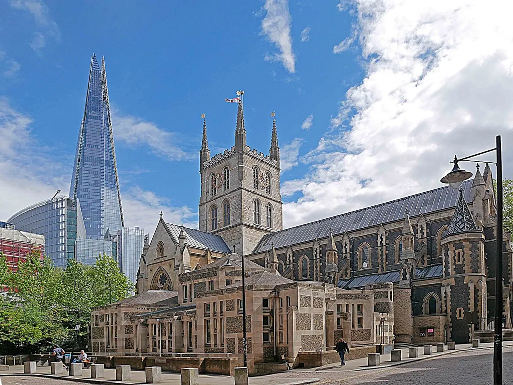 A view of Southwark Cathedral from the northwest, with the Shard in the background.