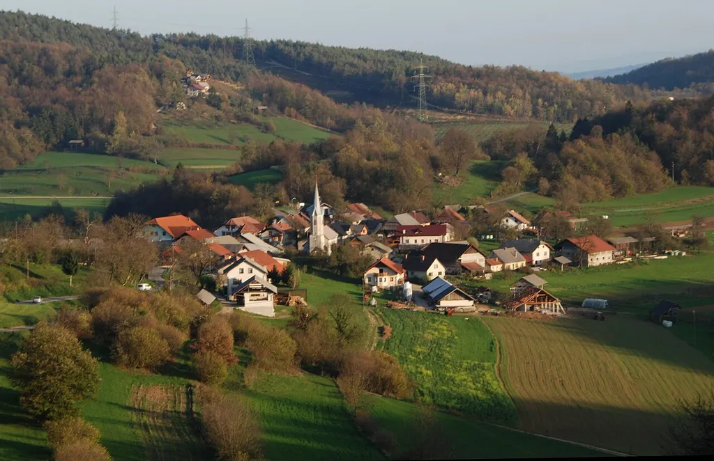 Tihaboj, a village in the Municipality of Litija (central Slovenia); traditional region of Lower Carniola. View from the road leading towards Gabrovka (northwestern view).