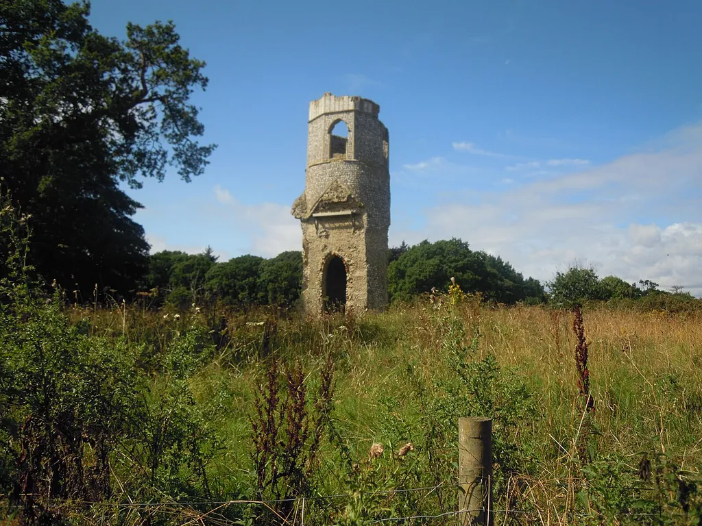 The ruin of Saint Margaret’s Church with just the tower remaining, Wolterton Hall estate, Norfolk.