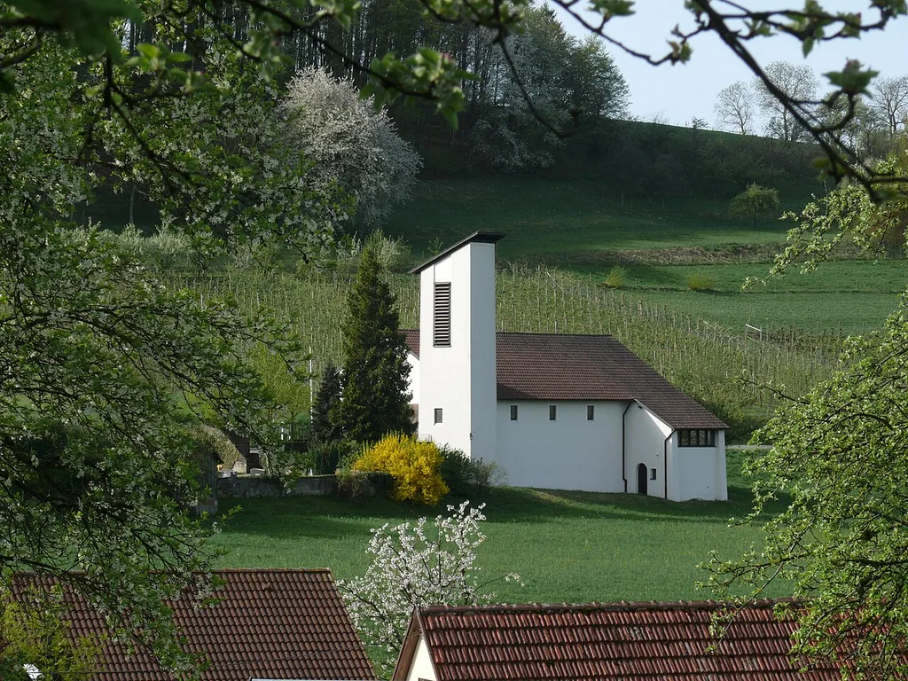 The Johanneskirche in Billensbach (a district of Beilstein, Baden-Württemberg, Germany), seen from north, between fruit trees in blossom. — The land lot on which the fruit trees visible in the foreground grow is used for building a house. Therefore this view (April 2011) is lost today or will be lost in near future.
