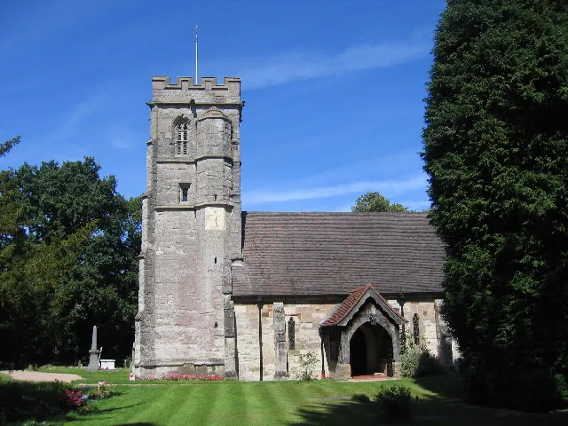 Church of St. Giles, Packwood, Warwickshire, England. This church is adjacent to the medieval Packwood Hall. Note that the church tower sports a sundial rather than a clock. This is a photo of listed building number 1035112.