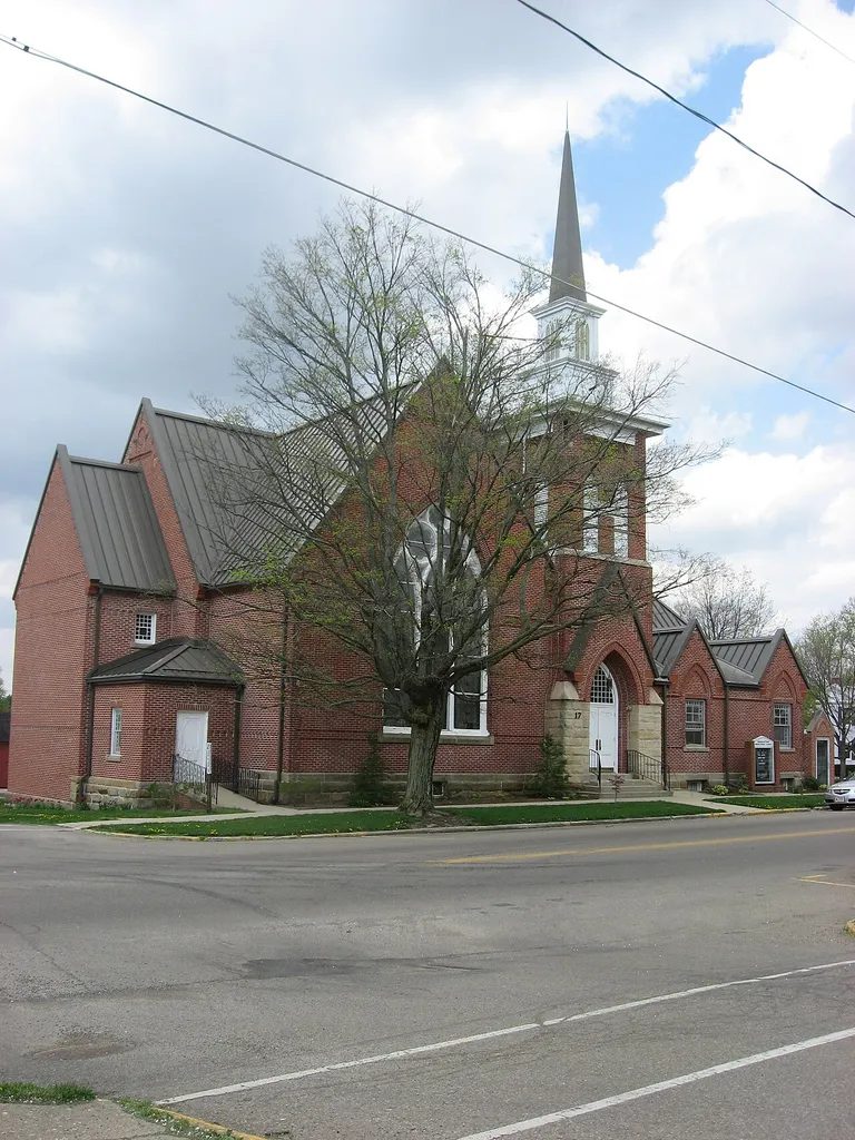 Front of the Fredericktown Presbyterian Church, located at 17 S. Main Street in Fredericktown, Ohio, United States. Built in 1885, it is listed on the National Register of Historic Places. Church website.