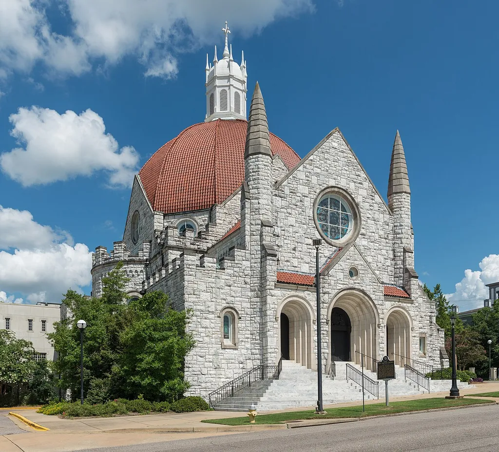 A west view of the First Baptist Church, located at S Perry St, Montgomery, Alabama