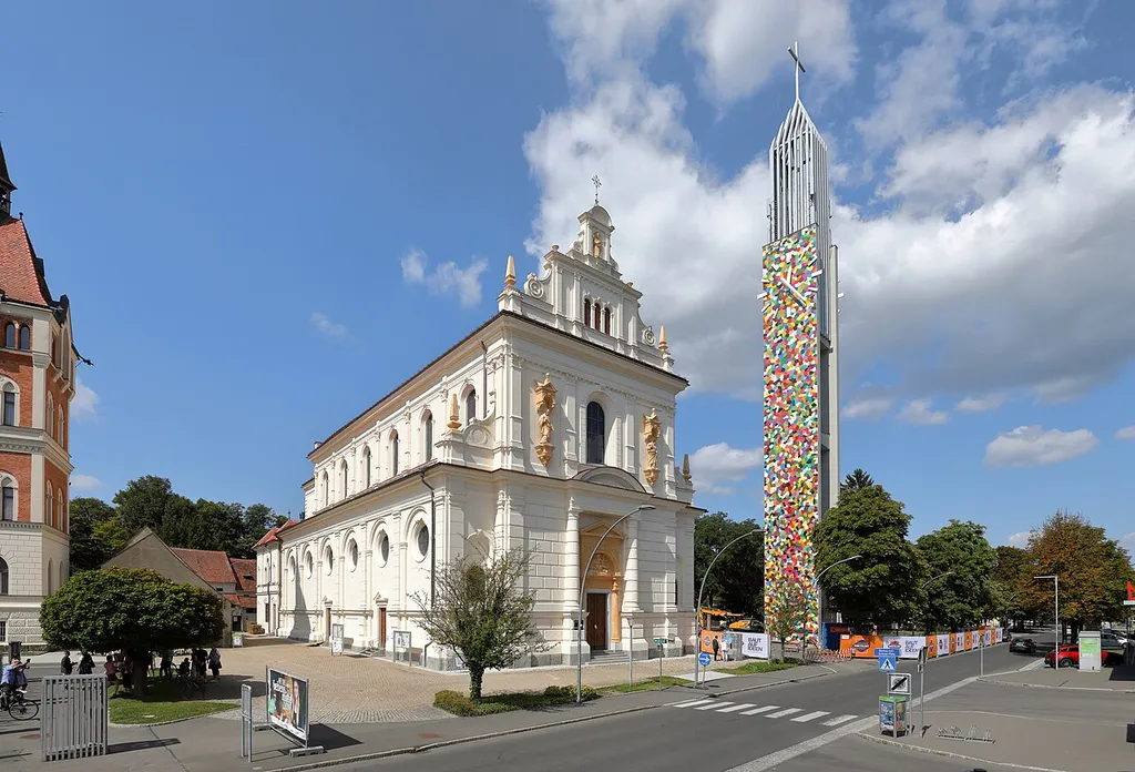 Southeast view of the parish church in Feldbach, Austria.