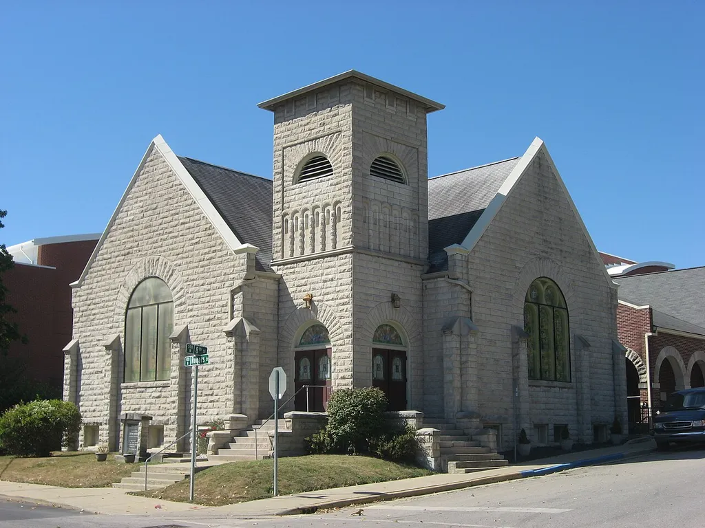 Front and northern side of the Second Baptist Church, located at 321 N. Rogers Street in Bloomington, Indiana, United States. Built in 1913, it is listed on the National Register of Historic Places, and it is part of a Register-listed historic district, the Bloomington West Side Historic District.