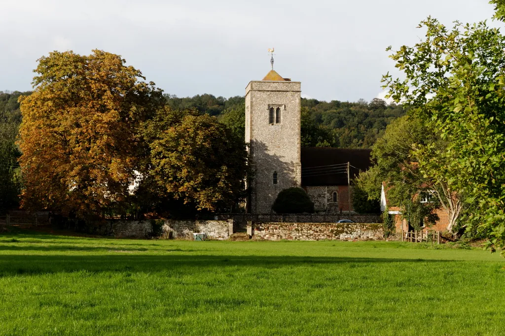 Front view of the Church of St Peter and St Paul, Trottiscliffe, in Autumn.