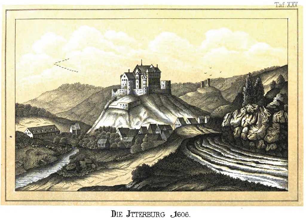 Itterburg um 1606. Blick von Süden: das Dorf Thalitter, die Itterburg, im Hintergrund rechts die Ruinen der Steuerburg