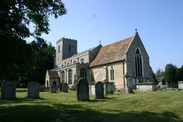 The Church of All Saints in Gazeley, Suffolk, England. The medieval church is a Grade I listed building.