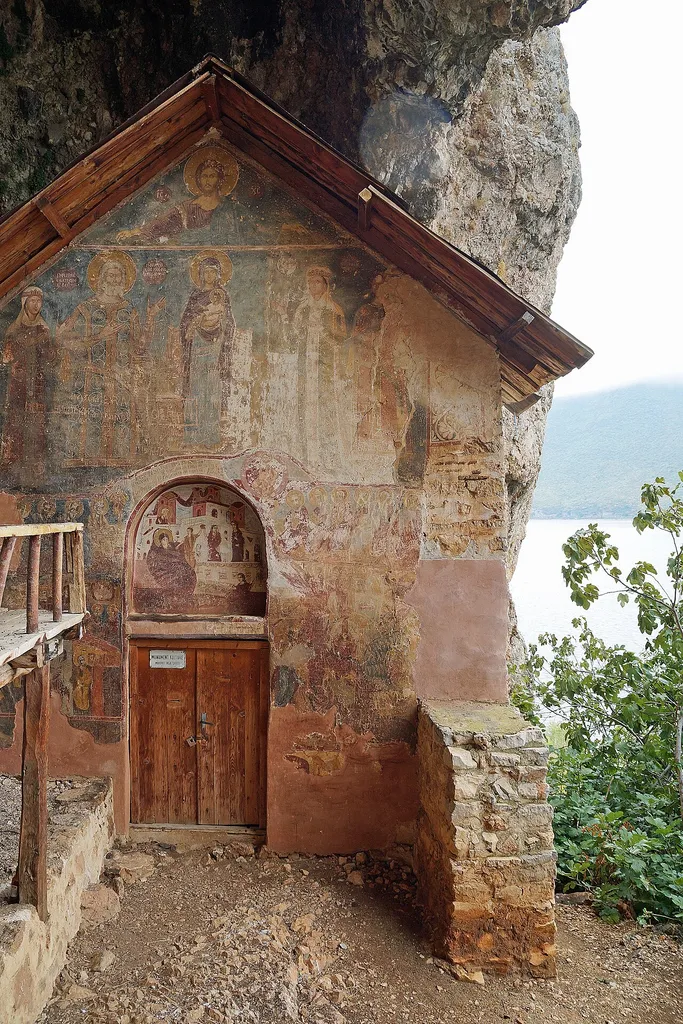 The small St. Mary's Church on Maligrad island in Lake Prespa, Albania