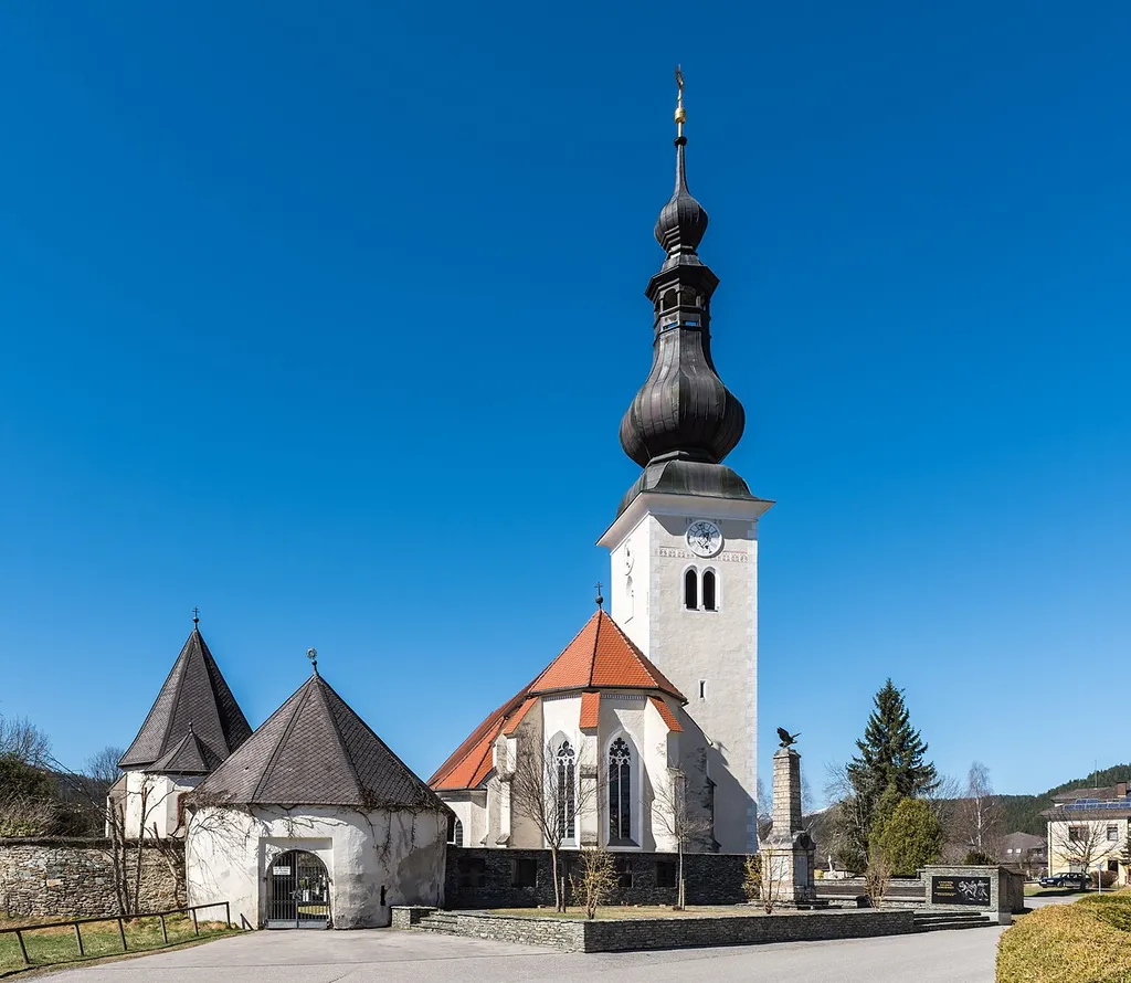 Charnel house and parish church Saint John the Evangelist with fortified cemetery, market town Weitensfeld, district Sankt Veit, Carinthia, Austria, EU
