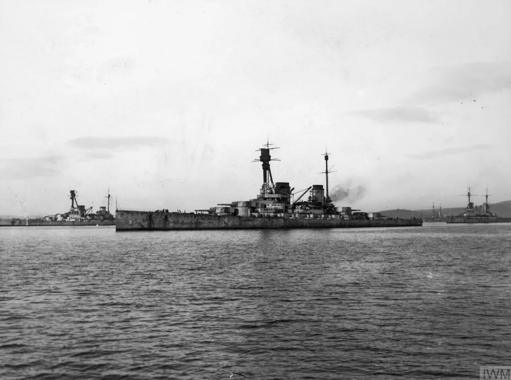 German battlecruiser SMS Hindenburg interned at Scapa Flow. Partially seen on the left edge of the photo is her sister ship SMS Derfflinger.