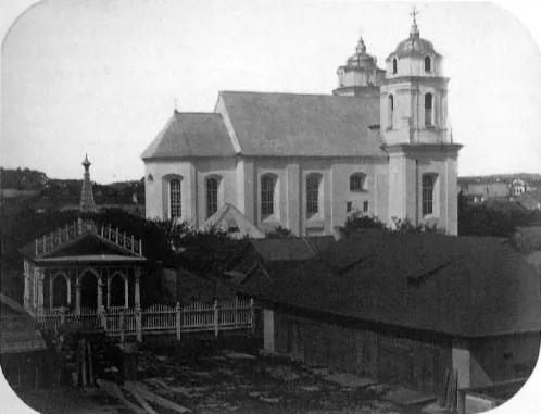 Менск (Miensk), вуліца Зборавая (vulica Zboravaja). Касьцёл Сьвятога Войцеха і кляштар бэнэдыктынак да маскоўскай перабудовы