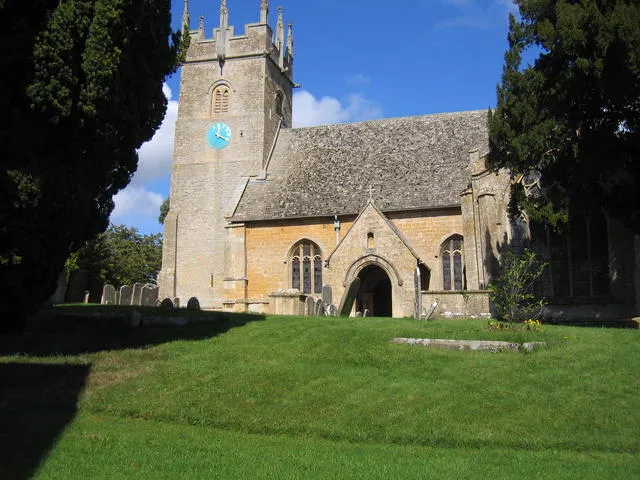 Nave, west tower and south porch of St James parish church, Longborough, Gloucestershire, seen from the south