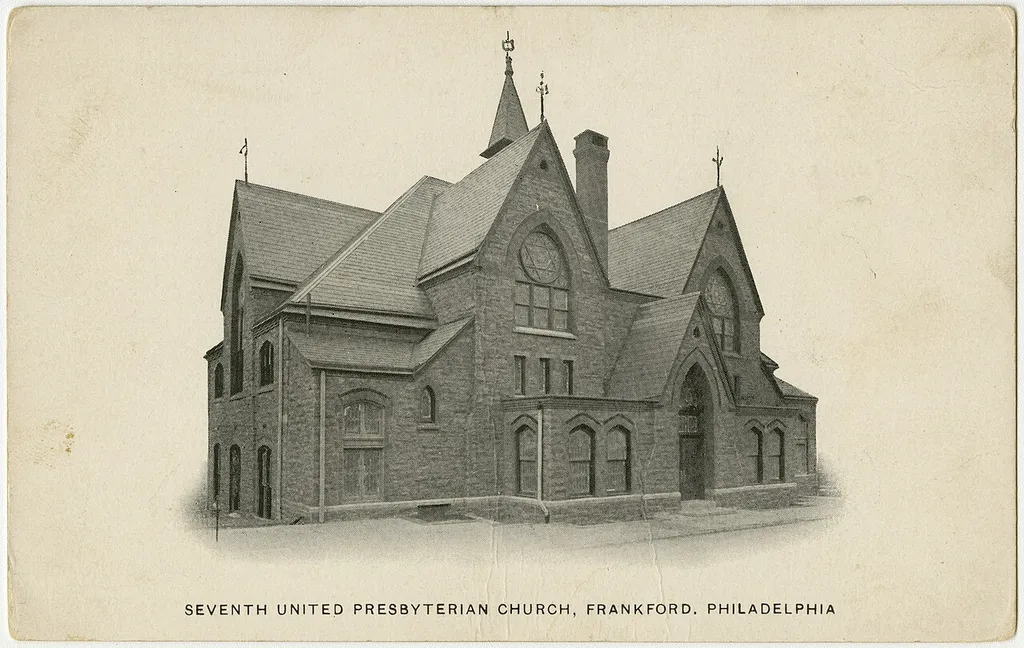 Seventh United Presbyterian Church in the Frankford neighborhood of Philadelphia, Pennsylvania from a pre-1923 postcard From RG 428, Postcard Collection, Presbyterian Historical Society, Philadelphia, Pennsylvania.