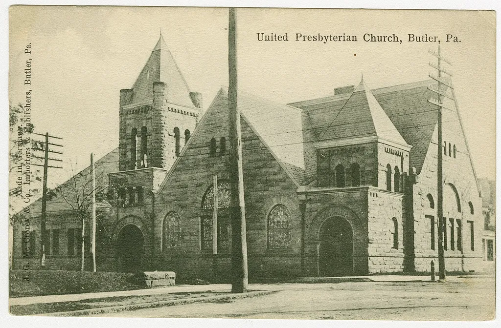 United Presbyterian Church in Butler, Pennsylvania from a pre-1923 postcard From RG 428, Postcard Collection, Presbyterian Historical Society, Philadelphia, Pennsylvania.