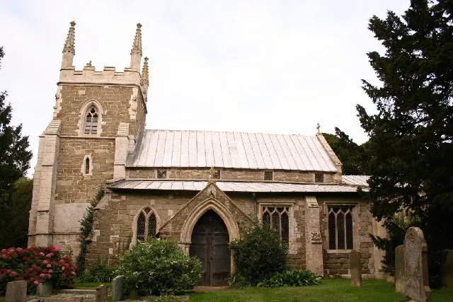 St.Peter's church, Thorpe St.Peter, Lincs. Decorated tower and some Early English windows, inside a curious font and Jacobean pulpit.