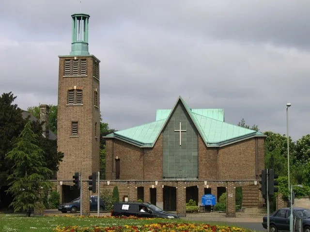 Trinity United Reformed Church, Convent Road, Norwich, Norfolk, seen from the southeast. Built in 1956 as a Presbyterian church.